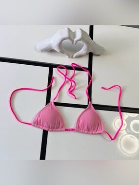 Pink Ribbed Triangle Bikini Top - Size S (Neon Pink Straps)